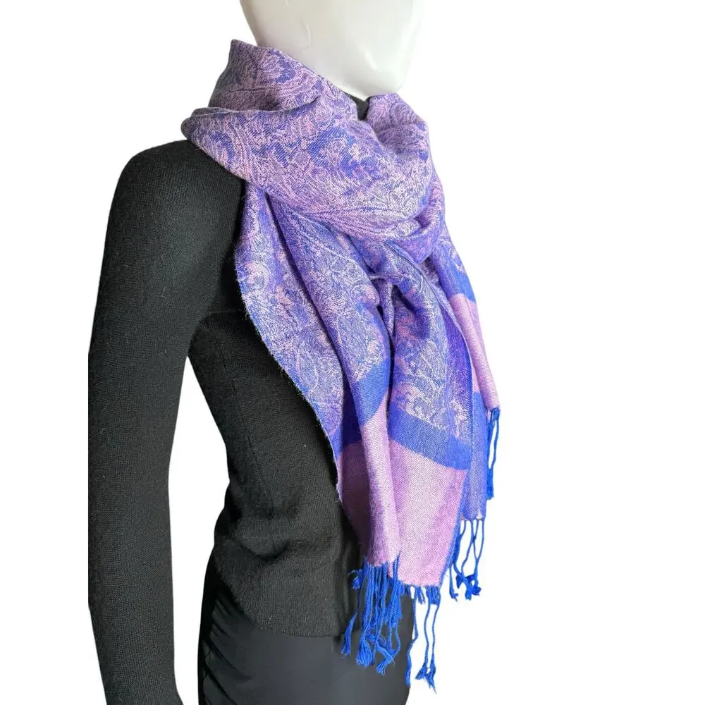 Cashmere Silk Pashmina Fringe Pink Purple Paisley Scarf Wrap